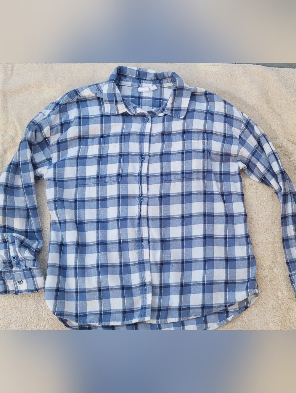 Girls Blue and White Plaid Button-Up Shirt With Silver Accents